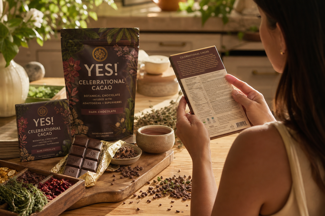 YES! Celebrational Cacao packaging with botanical chocolate and cacao ingredients on a warm kitchen table